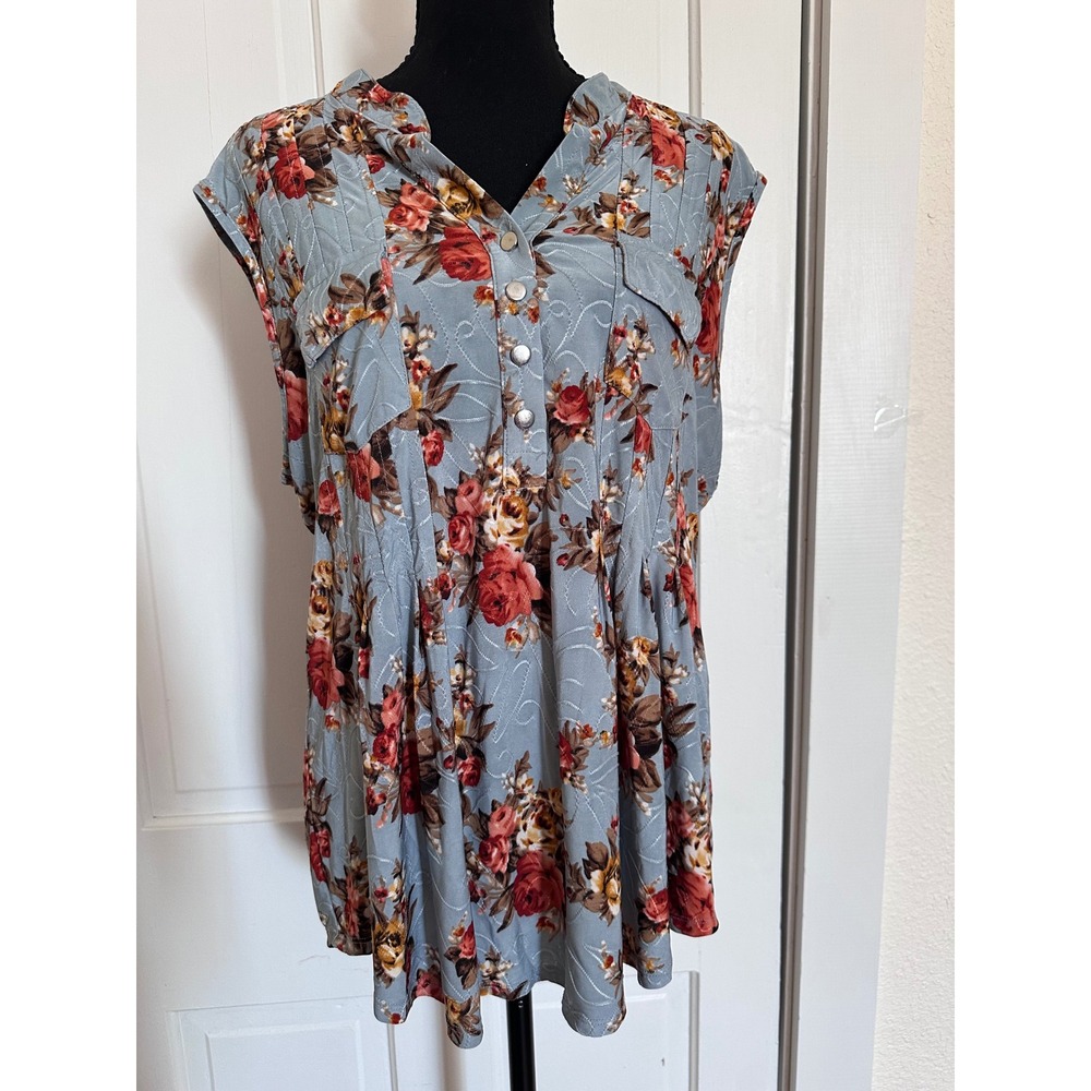 Vera Rose Women XL Blue‎ Floral Embroidered Sleeveless Button Front Tunic Top